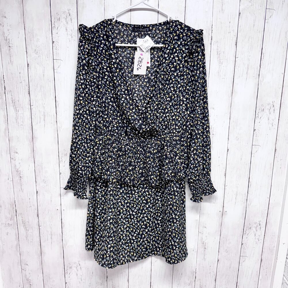 New Quiz Dress Women Size 6 Black Floral V-Neck Ruffle Smocked‎ Long Sleeve Mini